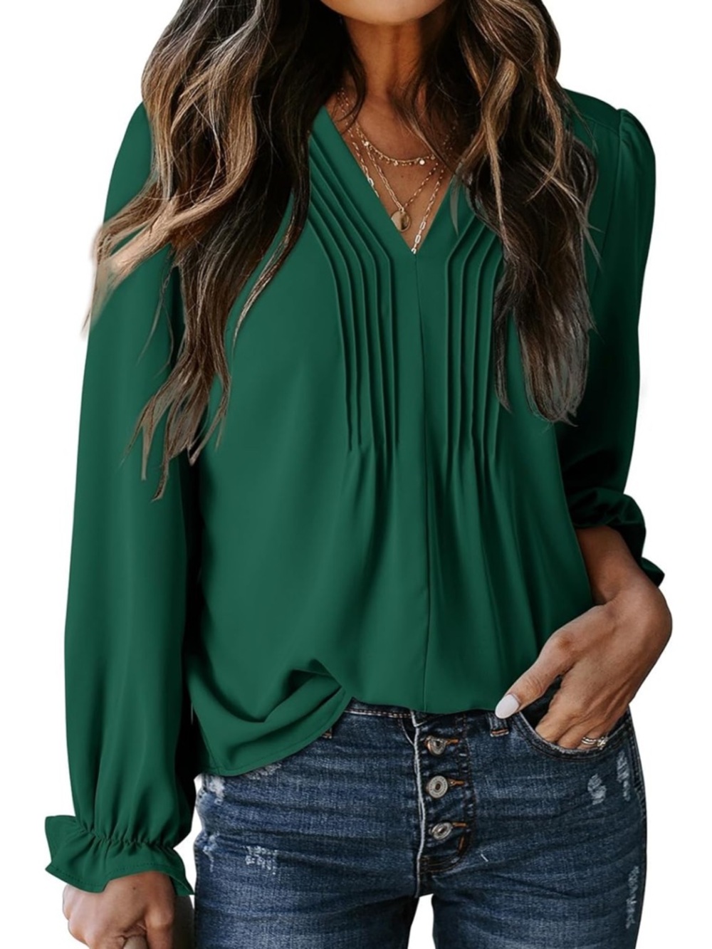 Emerald V-Neck Pleated Blouse - Classic Long Sleeve for Women